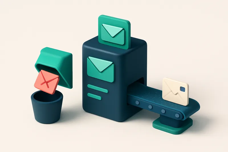 An isometric email server farm with red 'invalid' envelopes being diverted into a trash chute, green 'valid' envelopes e