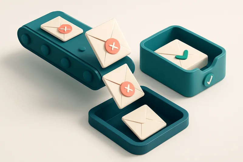 an isometric email inbox receiving envelopes from a conveyor belt; some envelopes are marked with red 'invalid' stamps a