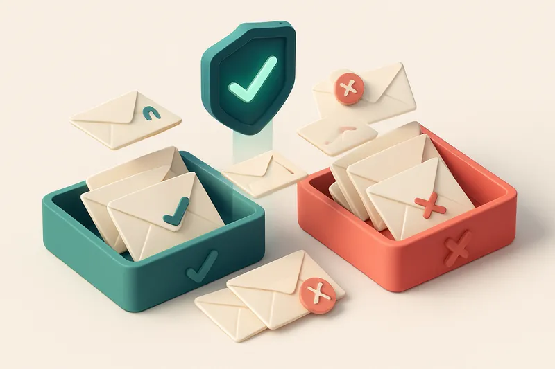 An isometric illustration of a green 'valid' tray and a red 'invalid' tray, with envelopes being scanned by a digital sh