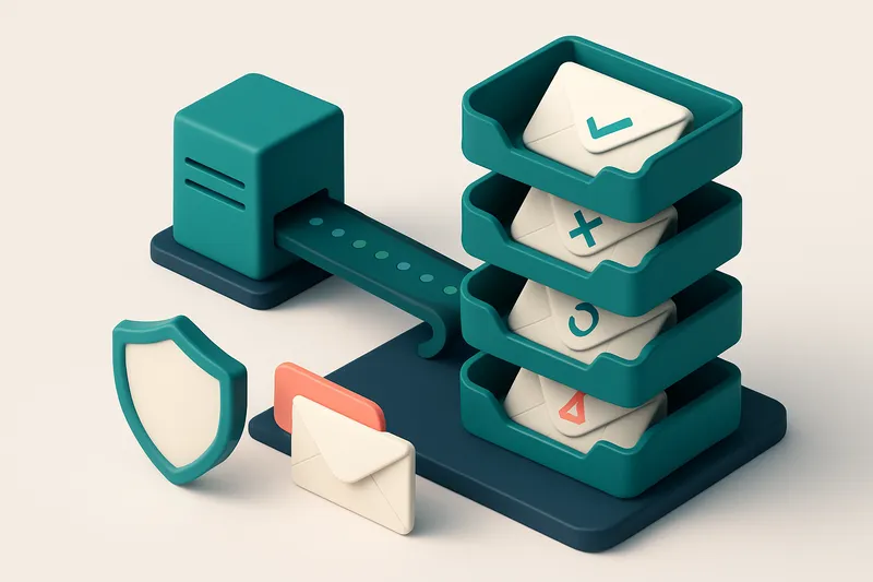 An isometric email inbox with envelopes labeled 'Valid', 'Invalid', 'Catch-all', and 'Risky' being sorted onto separate