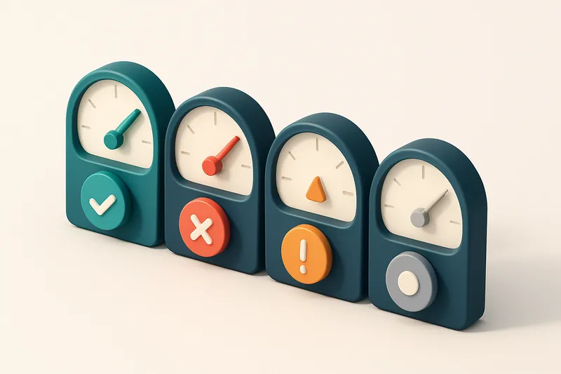 A row of four gauges, each showing a different verification status: green (valid), red (invalid), yellow (risky), and gr