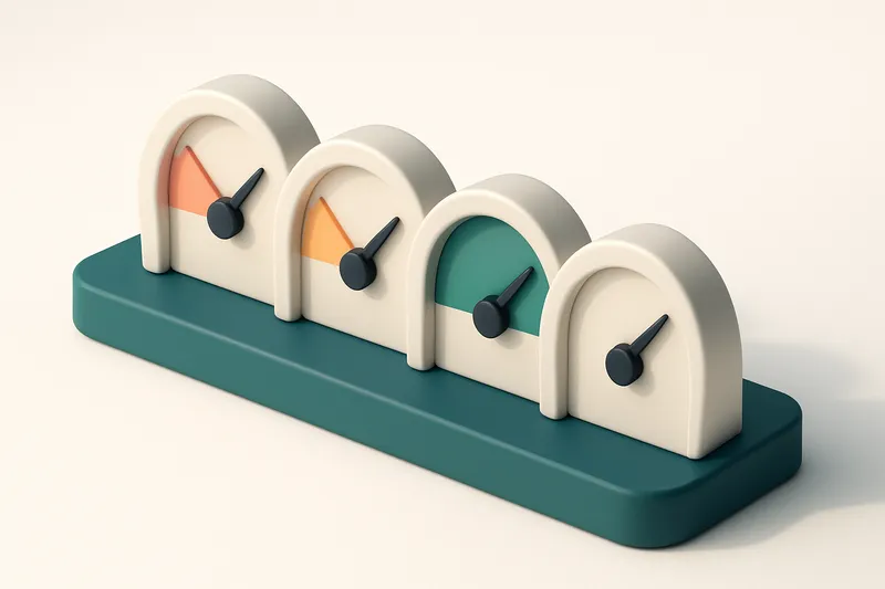 Hero: a row of four gauges with red, amber, green, and neutral indicators