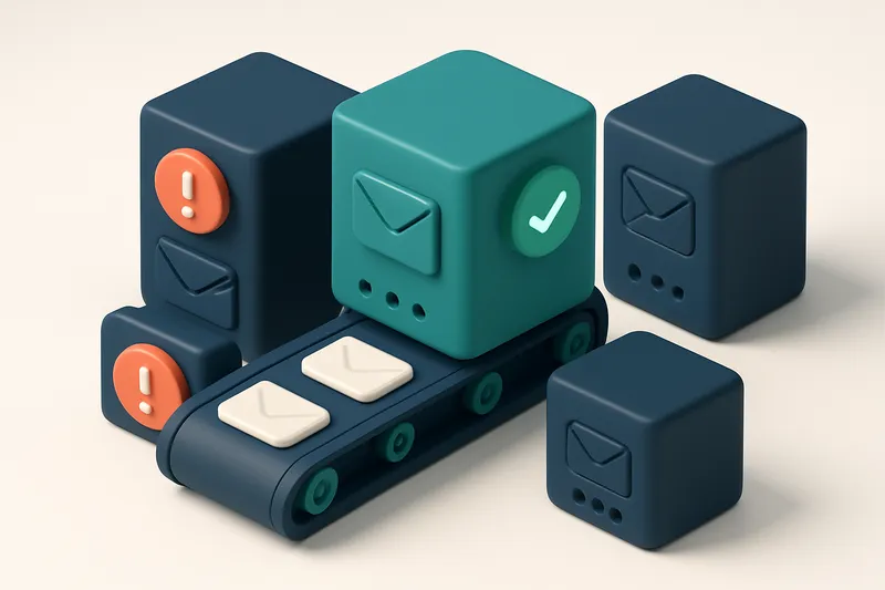 an isometric email server stack with red 'blacklisted' warning tags on two servers, a green 'valid' tag on one, and a co