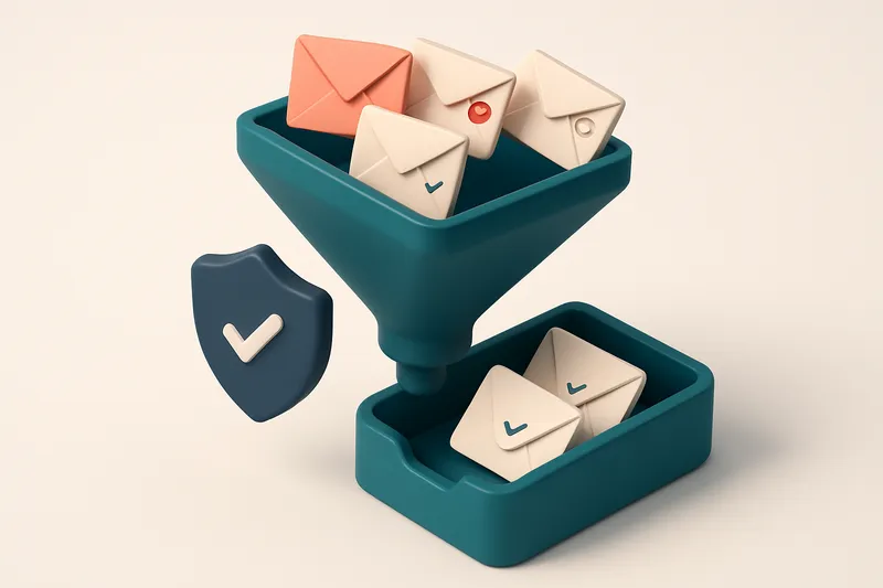 An isometric illustration of a 3D email funnel: a wide top labeled 'Outreach List' with mismatched envelopes (invalid, r