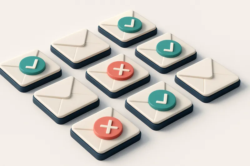 a grid of envelope icons with checkmarks on some and red Xs on others