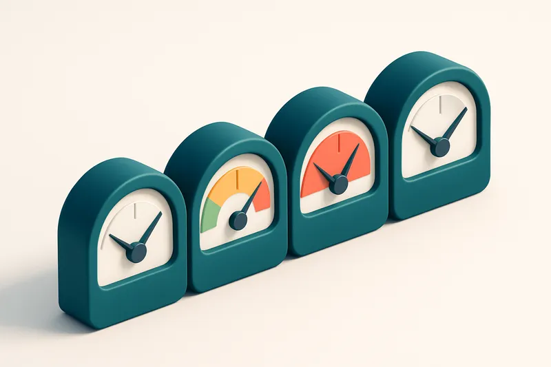 a row of four gauges with colored indicators (green, yellow, red, gray)