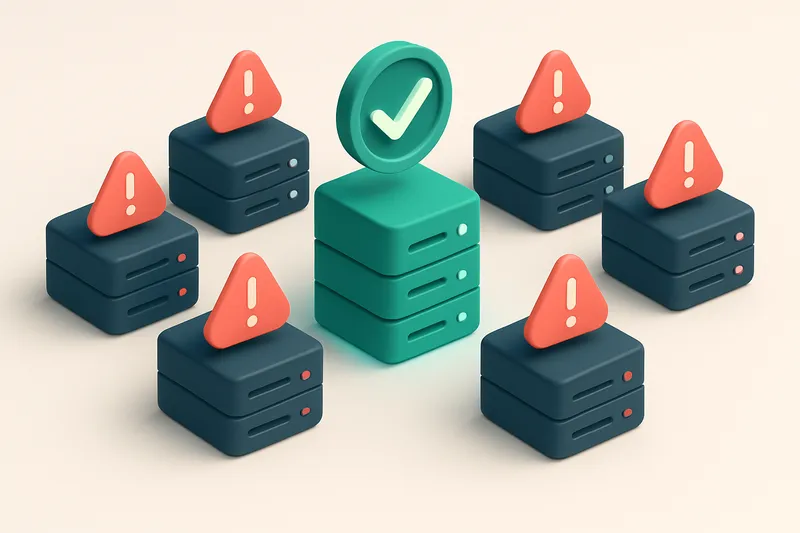 An isometric email server farm with a glowing green checkmark over a central server labeled 'verified', surrounded by re