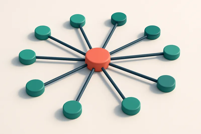 A network of small circular nodes connected by lines with a single red node at the center