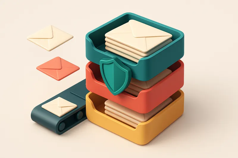 An isometric inbox stack with envelopes sorted into three trays: green 'valid', red 'invalid', and yellow 'risky'. A shi