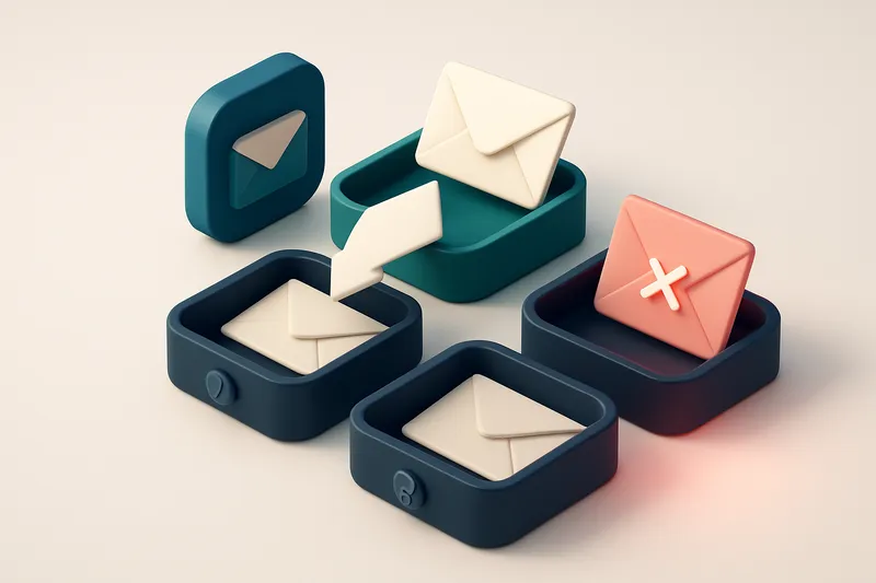 An isometric email inbox with envelopes being sorted onto a green 'valid' tray and a red 'invalid' tray, a dark-blue 'ca