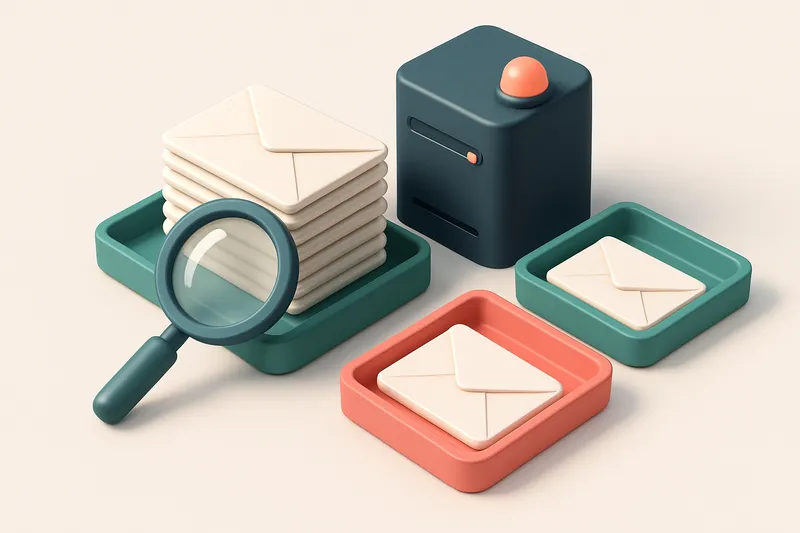 An isometric email inbox with envelopes being sorted onto a green 'valid' tray and a red 'invalid' tray, a magnifying gl
