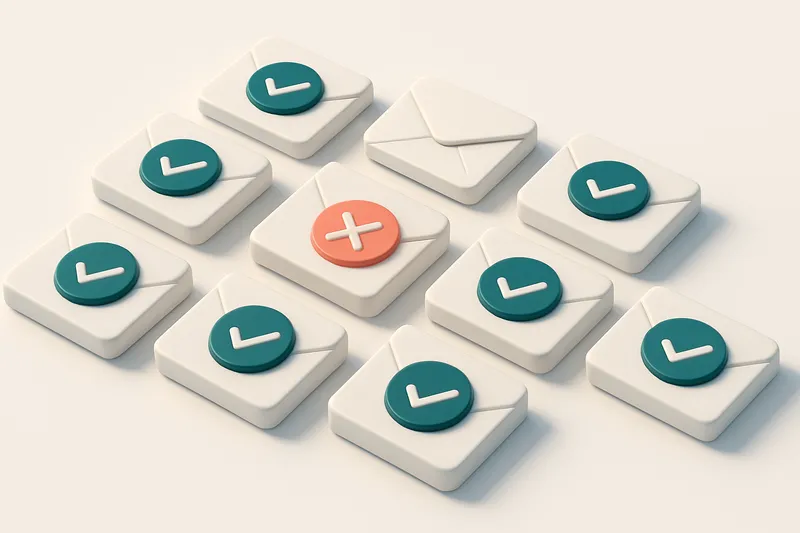 a grid of envelope icons, each marked with a checkmark or red X