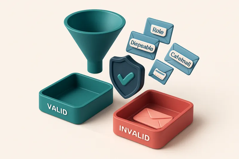 An isometric email inbox with a funnel leading to a green 'valid' tray and a red 'invalid' tray, a shield labeled 'Real-