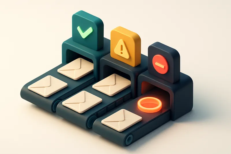 An isometric view of a conveyor belt carrying envelopes labeled with email addresses through a system of gateways — gree