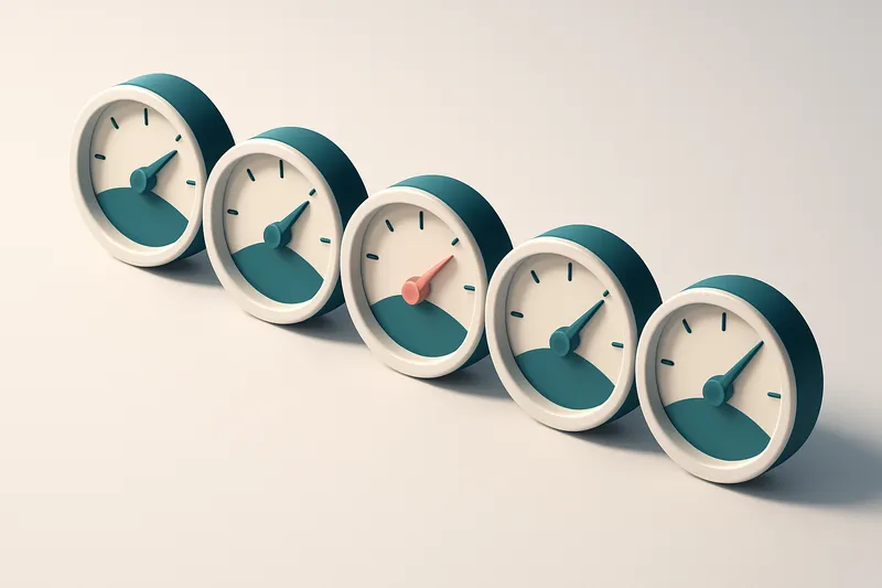 a row of five gauge dials with varying needle positions, one red