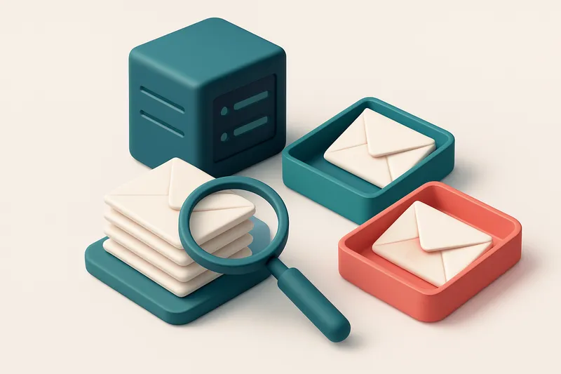 An isometric email inbox with envelopes being sorted onto a green 'valid' tray and a red 'invalid' tray, a magnifying gl