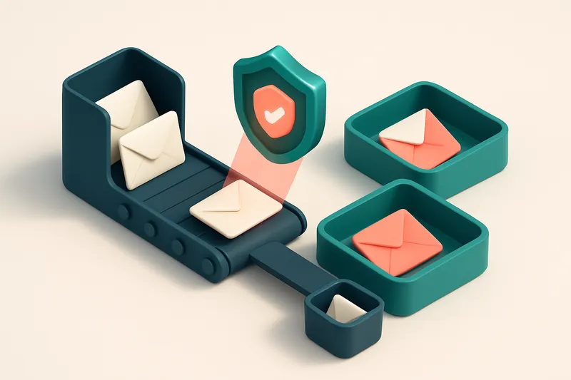 An isometric email inbox with envelopes being scanned by a digital shield, sorted onto a green 'valid' tray and a red 'i
