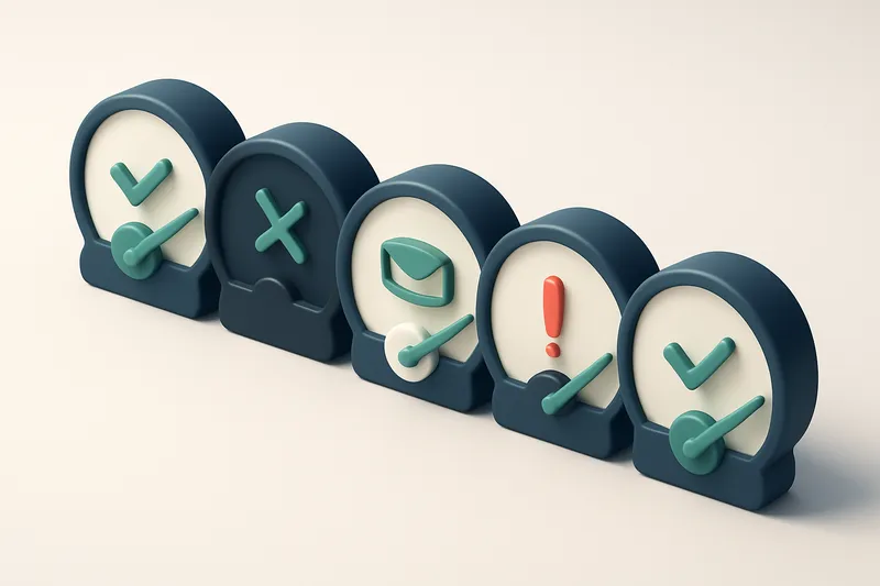 a row of five gauges showing valid, invalid, catch-all, risky, and valid statuses