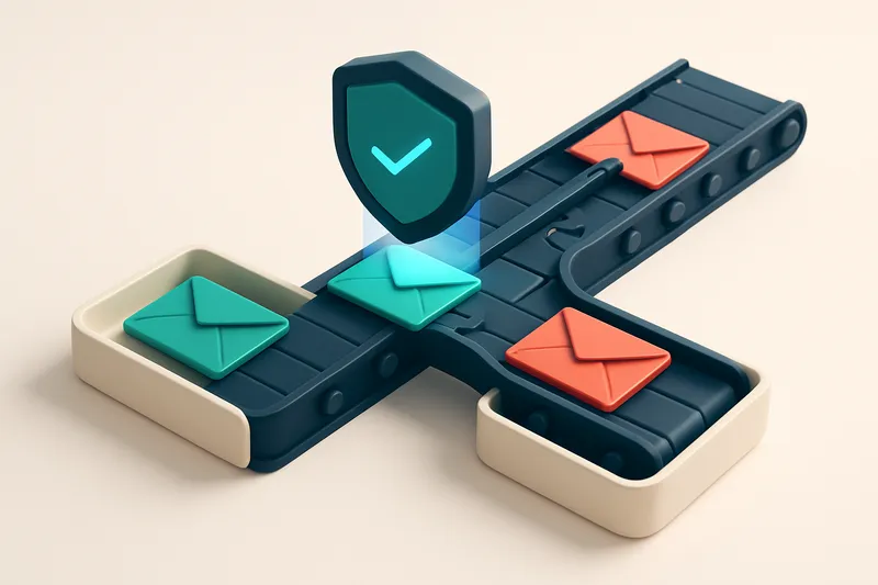 An isometric email inbox split into two conveyor belts: one sending green 'valid' envelopes to a 'Delivered' tray, the o