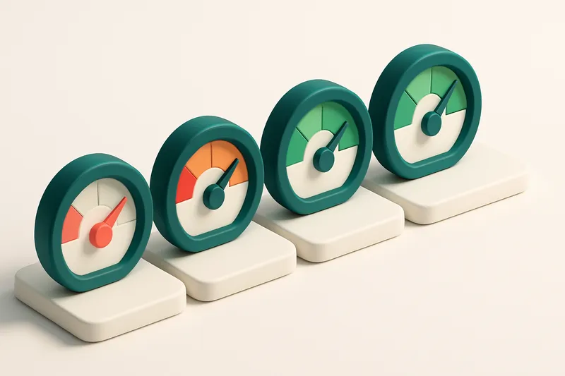 Hero: a row of four gauges, each showing a different level of list health (from red to green)