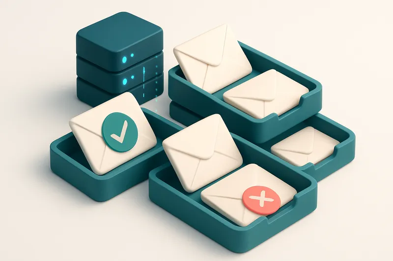 an isometric email inbox with envelopes labeled 'valid', 'catch-all', 'disposable', and 'invalid' being sorted into four