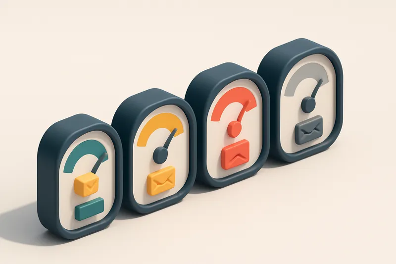 a row of four gauges, each showing different delivery status: green (in box), yellow (spams), red (bounces), grey (risky