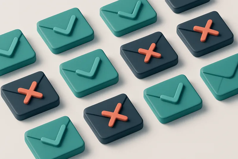 a grid of envelope icons with checkmarks and red X’s