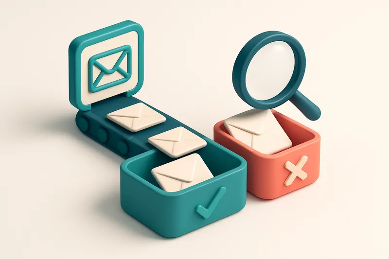 An isometric email inbox with envelopes being sorted by a conveyor belt into two labeled trays: one green with a checkma