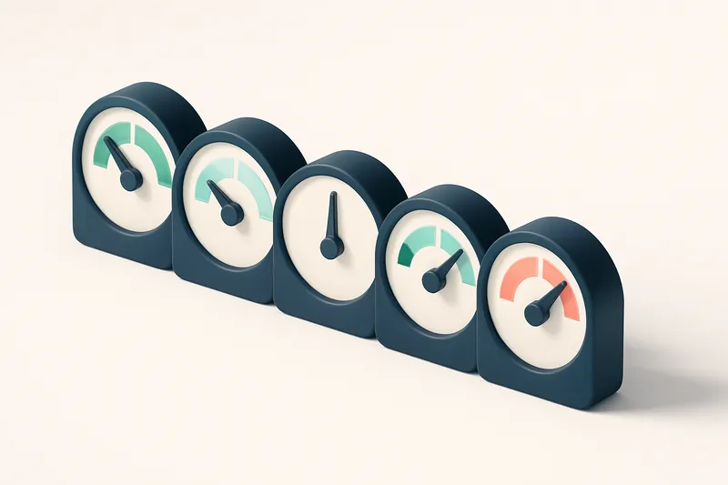 a row of five gauges with different color indicators