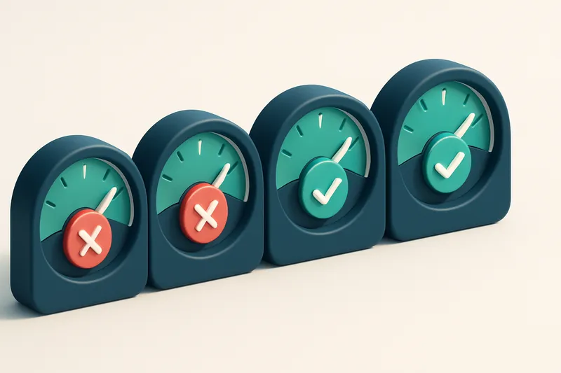 a row of four red and green gauge dials indicating validation status