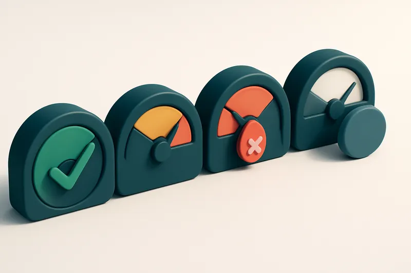 a row of four gauges showing validation status (green, yellow, red, grey)