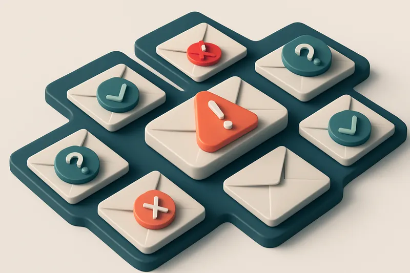 a grid of envelope icons, each with a different verdict marker (✓, X, ?, ⚠)