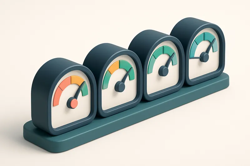 a row of four gauges with red, yellow, green, and blue indicators