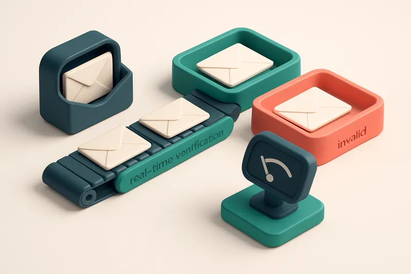 An isometric email inbox with envelopes being sorted onto a green 'valid' tray and a red 'invalid' tray, a conveyor belt