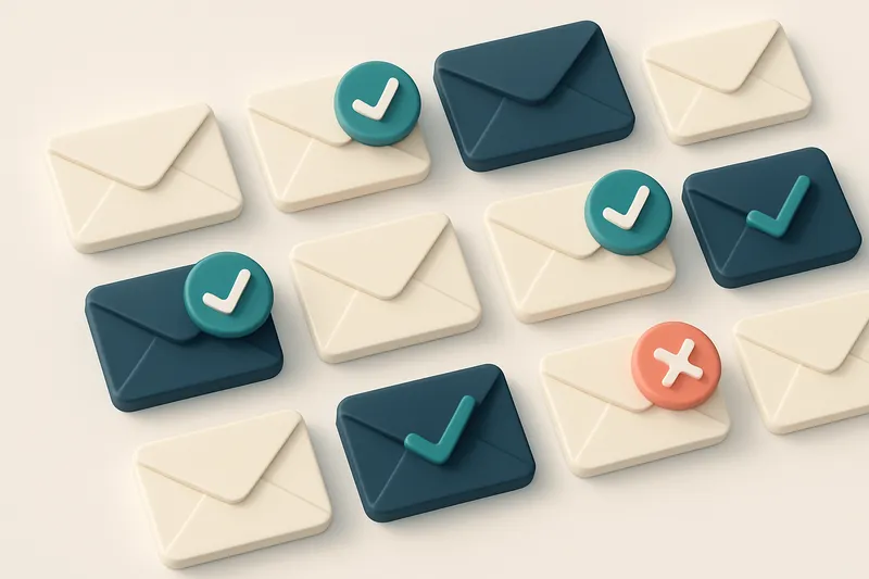 a grid of envelope icons, each with a checkmark or red X