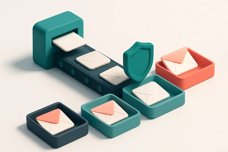 An isometric email inbox with a conveyor belt feeding envelopes labeled 'invalid', 'catch-all', 'risky', and 'valid'—eac