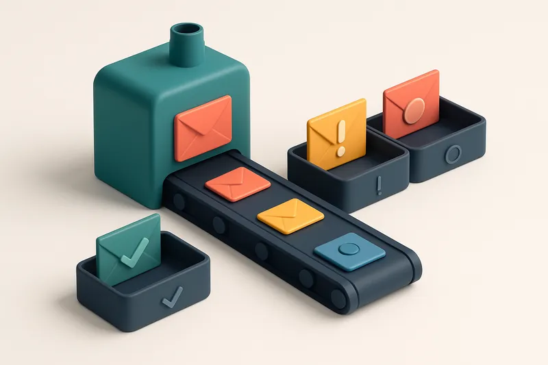 An isometric view of a financial inbox with a conveyor belt carrying colored envelopes: green for 'valid', red for 'inva