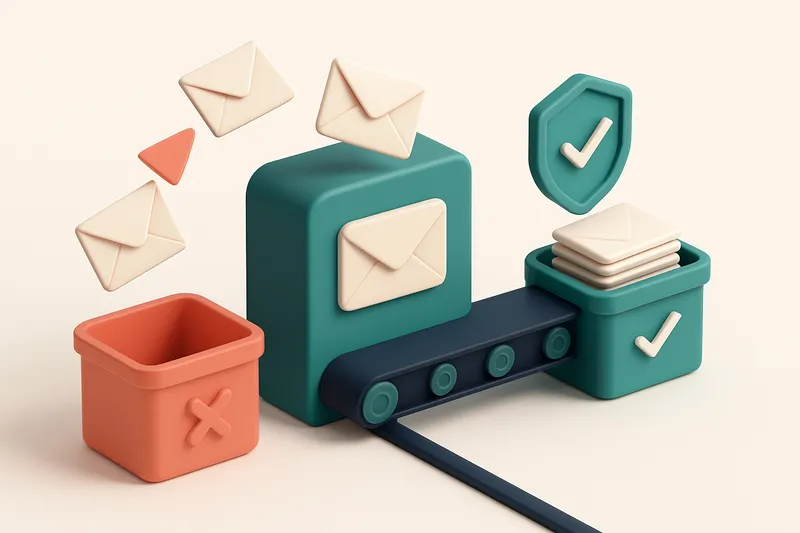 An isometric email inbox with envelopes flying into a red 'invalid' bin and a green 'valid' bin, with a conveyor belt la