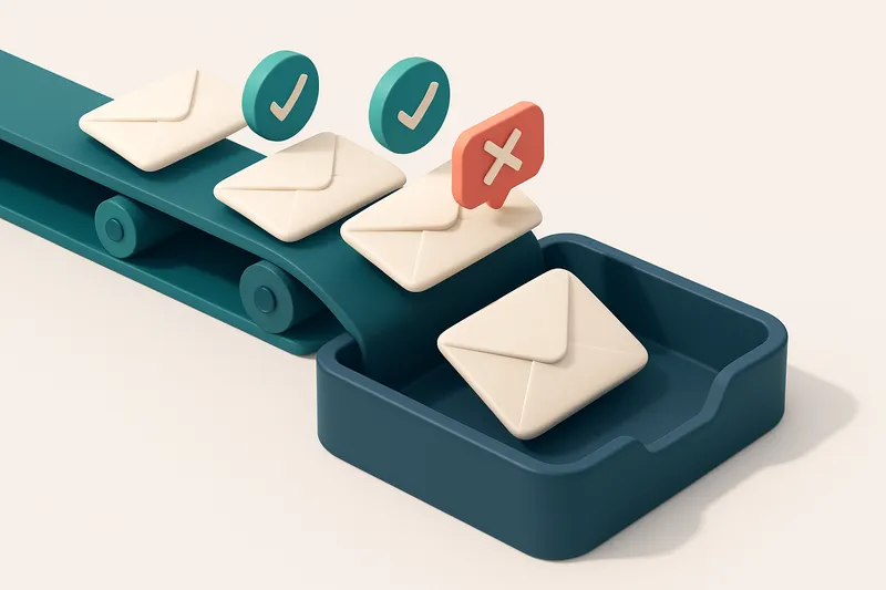 An isometric email inbox receiving envelopes from a conveyor belt labeled 'list', with green checkmarks on valid emails,