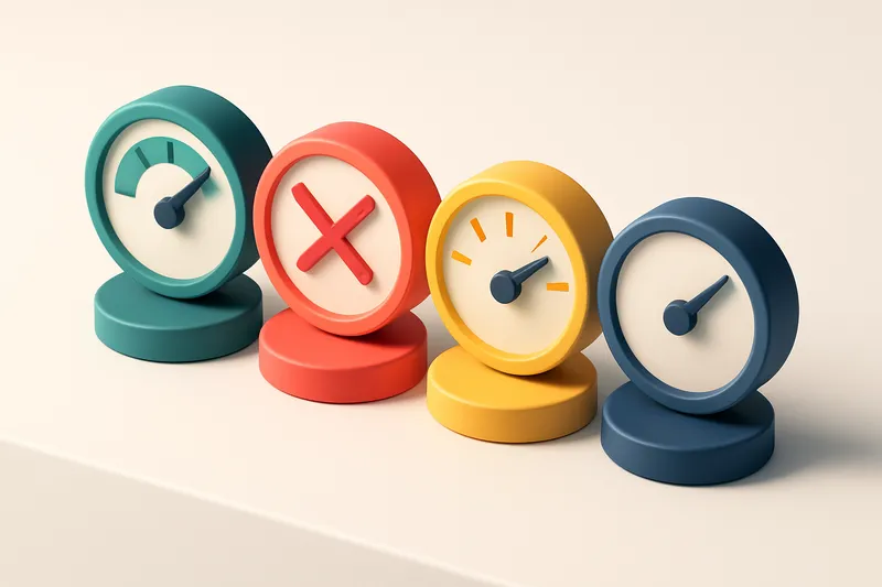 a row of four gauges, each showing a different verification status: green (valid), red (invalid), yellow (risky), and bl