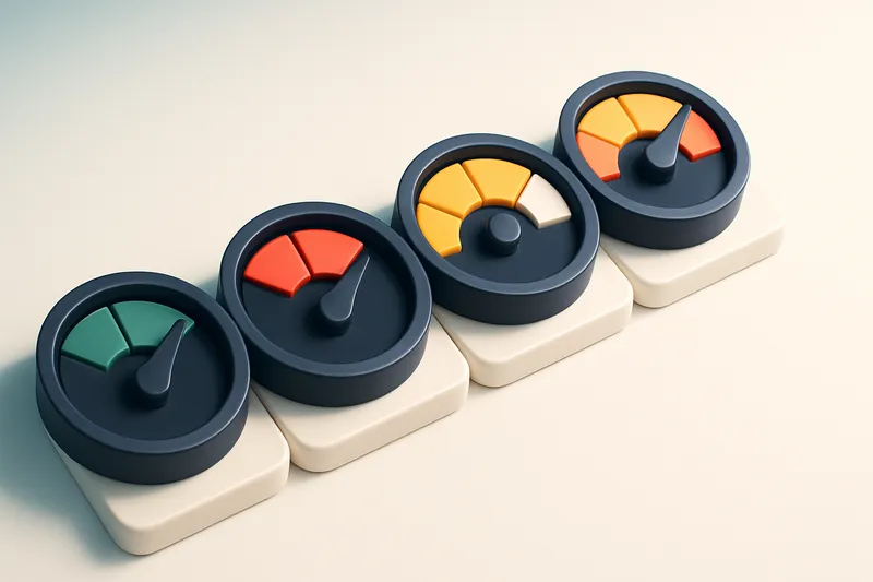 a row of four gauges, each showing a different status: green (valid), red (invalid), yellow (catch-all), orange (risky)