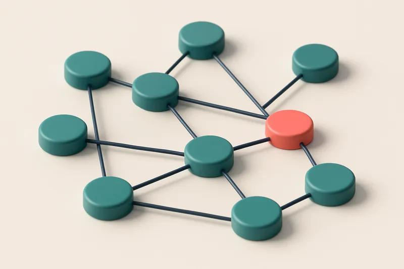 A network of small circular nodes connected by lines, each labeled with a different domain or IP