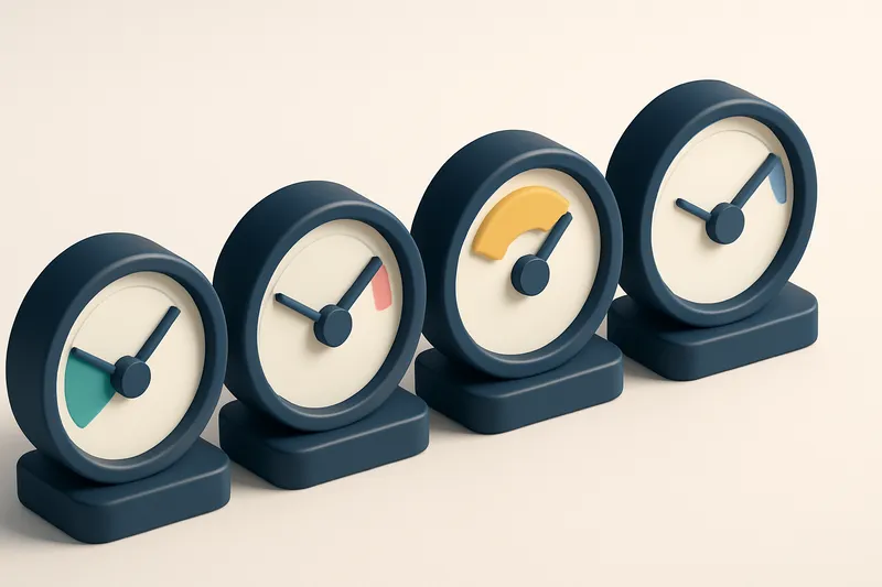 A row of four gauges, each showing a different status: green (valid), red (invalid), yellow (risky), blue (catch-all)