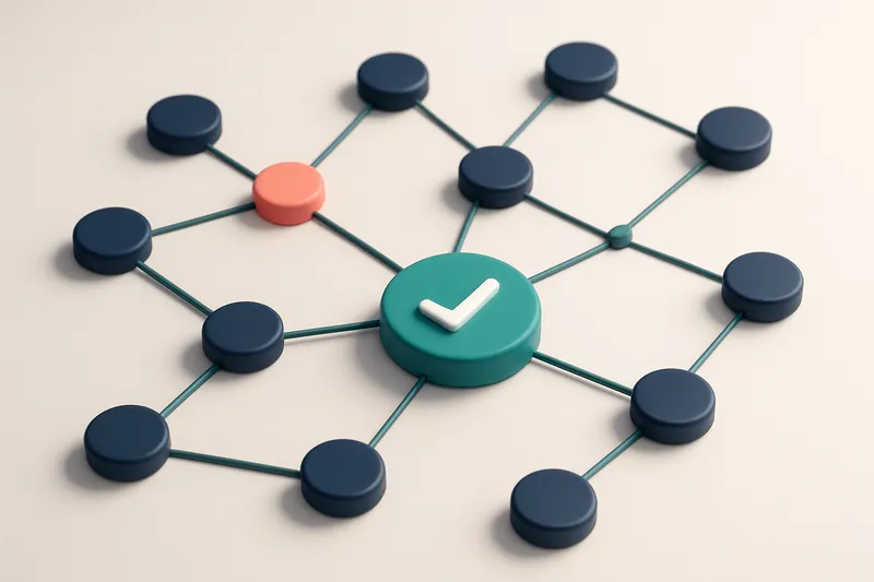 a network of small circular nodes connected by lines, with one node highlighted as 'Verified'
