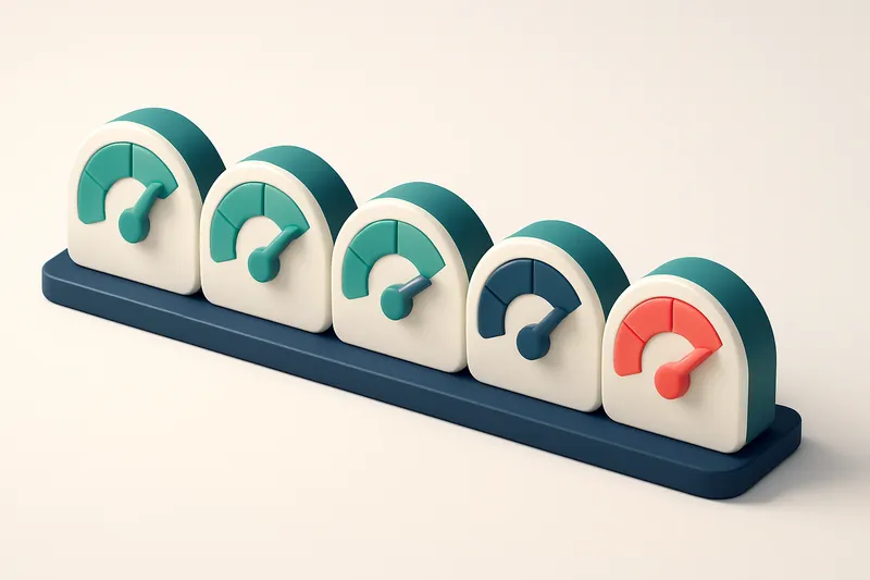 a row of five gauges showing real-time validation status (green to red)