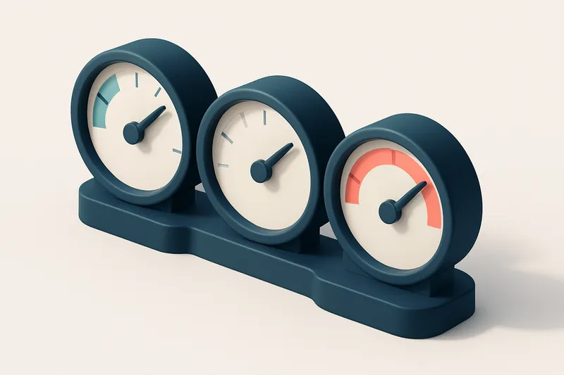 a row of three interconnected gauge dials, each showing a different level of alignment quality