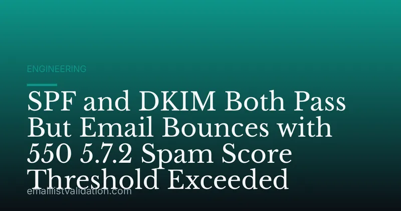 SPF and DKIM Both Pass But Email Bounces with 550 5.7.2 Spam Score Threshold Exceeded